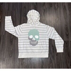 Old Navy White and Black Striped Hoodie With Skull Face Print Unisex Size Large